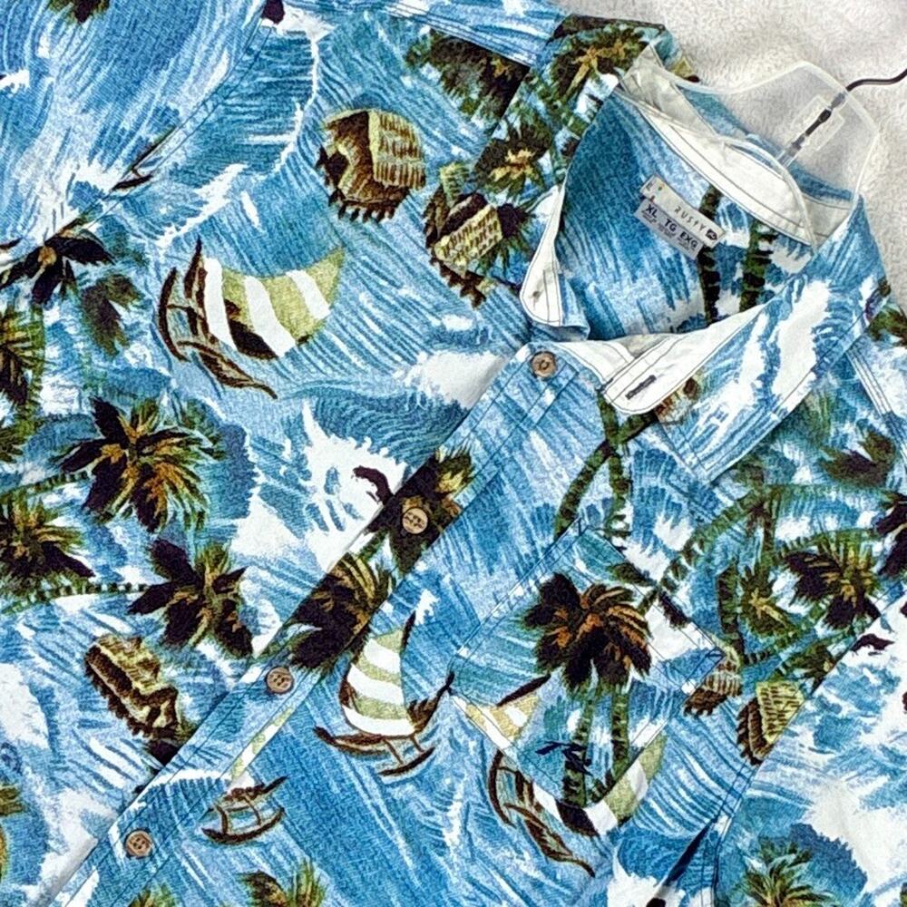 VTG Rusty Hawaiian Camp Shirt Men XL Blue Tropical Beach Palm AOP Surf Aloha Y2K